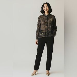 Vintage CHICO’S 100% Silk Sheer Black Gold Button Front Blouse Sz 2 Lg Evening